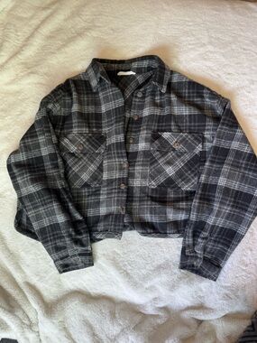 TALULAH Black and Gray Crop Plaid Wool Blend Shirt